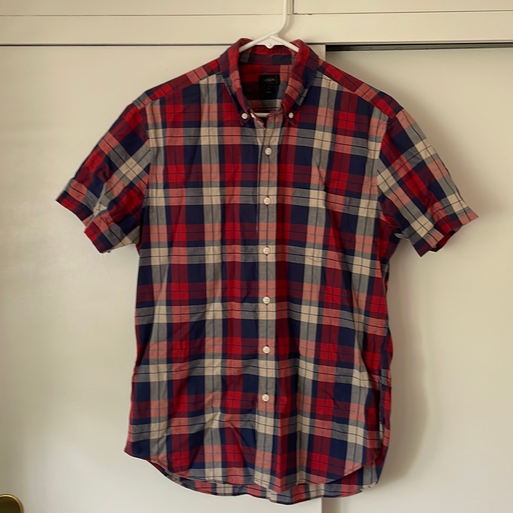 J. Crew Men's Red, Blue and Gray Button-front pocket shirt